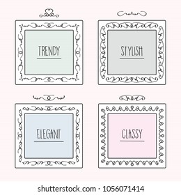 Black line, trendy and stylish doodle hand drawn square frames set in pale pastel colors