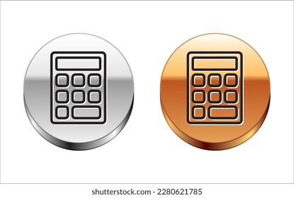 Icono matemático del triángulo de línea negra aislado en fondo blanco. Botón de círculo dorado plateado. Ilustración vectorial