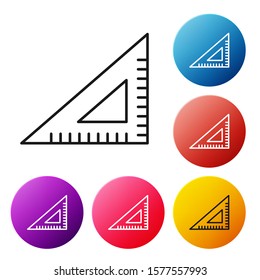 Black line Triangular ruler icon isolated on white background. Straightedge symbol. Geometric symbol. Set icons colorful circle buttons. Vector Illustration