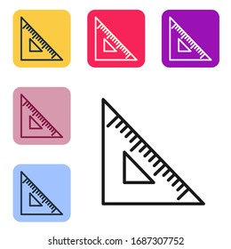 Black line Triangular ruler icon isolated on white background. Straightedge symbol. Geometric symbol. Set icons in color square buttons. Vector Illustration