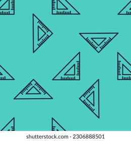 Black line Triangular ruler icon isolated seamless pattern on green background. Straightedge symbol. Geometric symbol.  Vector