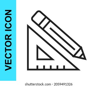 Black line Triangular ruler and pencil icon isolated on white background. Straightedge symbol. Drawing and educational tools.  Vector