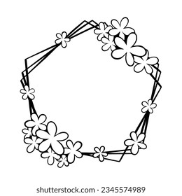 Línea negra de marco triple pentágono con flores. Ilustración vectorial para decorar el logo, texto, boda, tarjetas de felicitación y cualquier diseño.