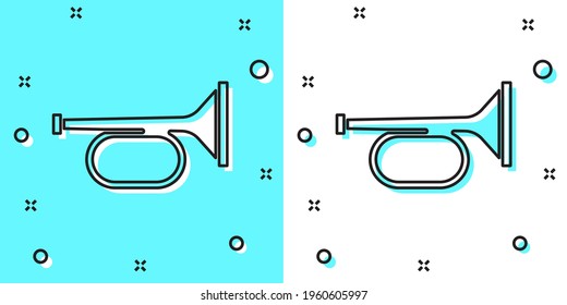 Black line Trumpet icon isolated on blue and white background. Musical instrument trumpet. Random dynamic shapes. Vector