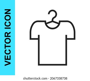 Black line T-shirt on hanger icon isolated on white background.  Vector