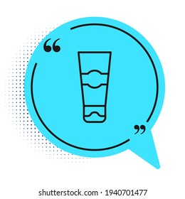 Black line Tube of toothpaste icon isolated on white background. Blue speech bubble symbol. Vector