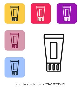 Tubo de línea negra de ícono de pasta dental aislado en fondo blanco. Establezca iconos en los botones cuadrados de color. Vector
