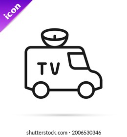Black line TV News car with equipment on the roof icon isolated on white background.  Vector