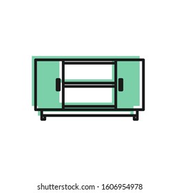 Black line TV table stand icon isolated on white background.  Vector Illustration