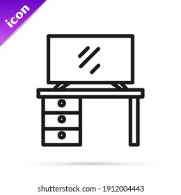 Black line TV table stand icon isolated on white background.  Vector