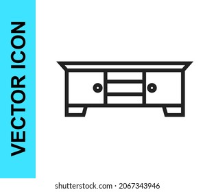 Icono de soporte de mesa de TV de línea negra aislado en fondo blanco.  Vector