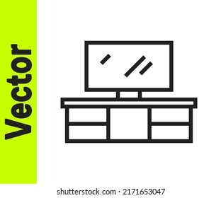 Icono de soporte de mesa de TV de línea negra aislado en fondo blanco.  Vector
