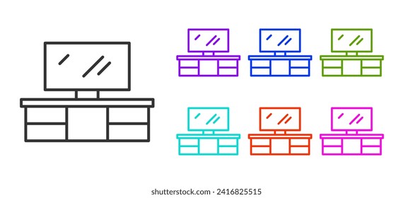 Schwarze Linie TV-Tisch steht Symbol einzeln auf weißem Hintergrund. Stellen Sie die Symbole bunt ein. Vektorgrafik