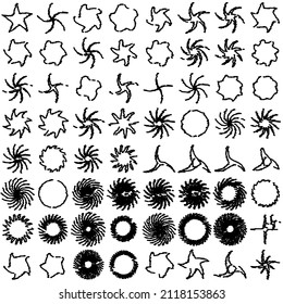 Black line twinkling twisted distorted stars shaped and star-shaped set. Vector illustration.