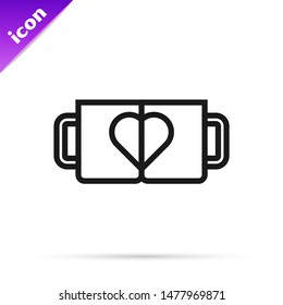 Black line Two coffee cup and heart icon isolated on white background. Couple coffee for lovers on Valentines Day.  Vector Illustration
