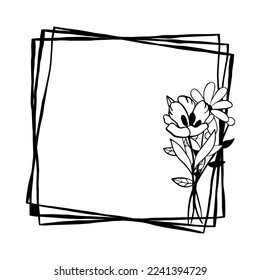 Black line two flowers on triple square frame. Vector illustration for decorate logo, greeting cards and any design.