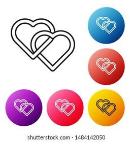 Black line Two Linked Hearts icon isolated on white background. Romantic symbol linked, join, passion and wedding. Valentine day symbol. Set icons colorful circle buttons. Vector Illustration