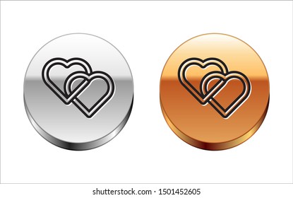 Black line Two Linked Hearts icon isolated on white background. Romantic symbol linked, join, passion and wedding. Valentine day symbol. Silver-gold circle button. Vector Illustration