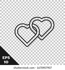 Black line Two Linked Hearts icon isolated on transparent background. Romantic symbol linked, join, passion and wedding. Happy Women Day.  Vector Illustration