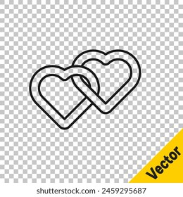 Icono de dos corazones vinculados aislado sobre fondo transparente. Símbolo romántico vinculado, unión, pasión y boda. Símbolo de San Valentín.  Vector