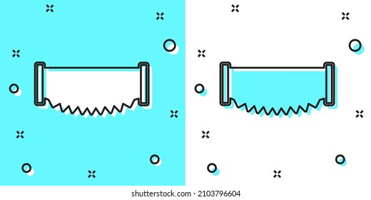 Black line Two-handed saw icon isolated on green and white background. Random dynamic shapes. Vector
