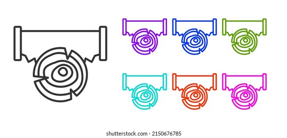 Black line Two-handed saw and log icon isolated on white background. Set icons colorful. Vector
