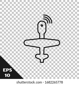 Icono de dron de línea negra UAV aislado en fondo transparente. Espía de aviones militares no tripulados. Ilustración vectorial