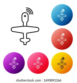 Black line UAV Drone icon isolated on white background. Military Unmanned aircraft spy. Set icons colorful circle buttons. Vector Illustration