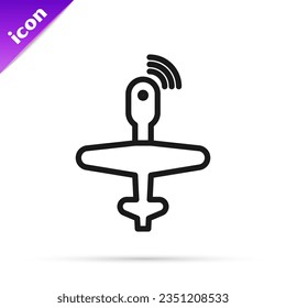 Black line UAV Drone icon isolated on white background. Military Unmanned aircraft spy.  Vector Illustration
