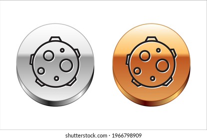 Black line UFO abducts cow icon isolated on white background. Flying saucer. Alien space ship. Futuristic unknown flying object. Silver-gold circle button. Vector Illustration