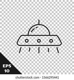 Black line UFO flying spaceship icon isolated on transparent background. Flying saucer. Alien space ship. Futuristic unknown flying object.  Vector Illustration