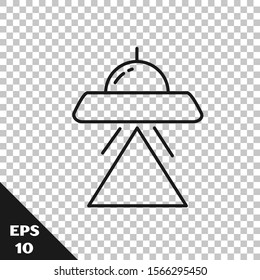 Black line UFO flying spaceship icon isolated on transparent background. Flying saucer. Alien space ship. Futuristic unknown flying object.  Vector Illustration