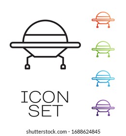 Black line UFO flying spaceship icon isolated on white background. Flying saucer. Alien space ship. Futuristic unknown flying object. Set icons colorful. Vector Illustration