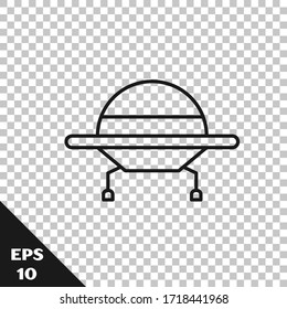 Black line UFO flying spaceship icon isolated on transparent background. Flying saucer. Alien space ship. Futuristic unknown flying object.  Vector Illustration
