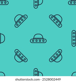 Black line UFO flying spaceship icon isolated seamless pattern on green background. Flying saucer. Alien space ship. Futuristic unknown flying object.  Vector