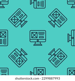 Black line UI or UX design icon isolated seamless pattern on green background.  Vector