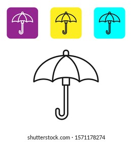Black line Umbrella icon isolated on white background. Waterproof icon. Protection, safety, security concept. Water resistant symbol. Set icons colorful square buttons. Vector Illustration