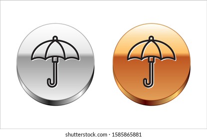 Black line Umbrella icon isolated on white background. Waterproof icon. Protection, safety, security concept. Water resistant symbol. Silver-gold circle button. Vector Illustration
