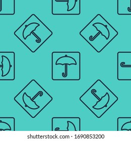 Black line Umbrella icon isolated seamless pattern on green background. Waterproof icon. Protection, safety, security concept. Water resistant symbol.  Vector Illustration