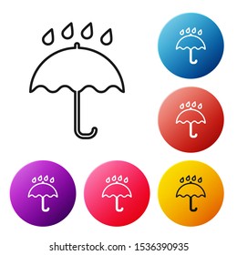 Black line Umbrella and rain drops icon on white background. Waterproof icon. Protection, safety, security concept. Water resistant symbol. Set icons colorful circle buttons. Vector Illustration