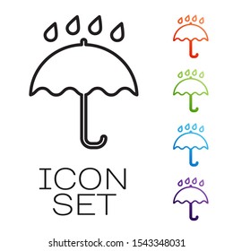 Black line Umbrella and rain drops icon isolated on white background. Waterproof icon. Protection, safety, security concept. Water resistant symbol. Set icons colorful. Vector Illustration