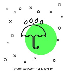 Black line Umbrella and rain drops icon isolated on white background. Waterproof icon. Protection, safety, security concept. Water resistant symbol.  Vector Illustration