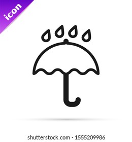 Black line Umbrella and rain drops icon isolated on white background. Waterproof icon. Protection, safety, security concept. Water resistant symbol.  Vector Illustration