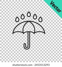 Black line Umbrella and rain drops icon isolated on transparent background. Waterproof icon. Protection, safety, security concept. Water resistant symbol.  Vector