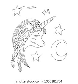 Black line Unicorn for coloring book or page. Cute Unicorn.