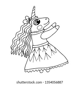 Black line Unicorn for coloring book or page. Cute Unicorn.