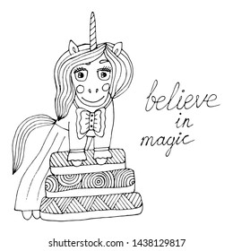 Black line Unicorn for coloring book or page. Cute Unicorn. Coloring vector Unicorn. Animal coloring.