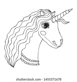 Black line Unicorn for coloring book or page. Cute Unicorn. Nursery coloring unicorn.