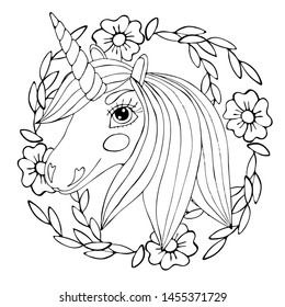 Black Line Unicorn Coloring Book Page Stock Vector (Royalty Free ...