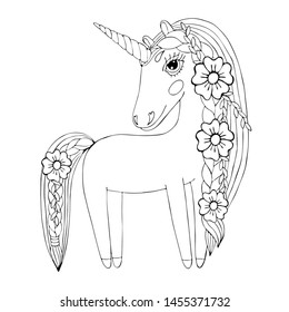 Black line Unicorn for coloring book or page. Cute Unicorn. Nursery coloring unicorn.